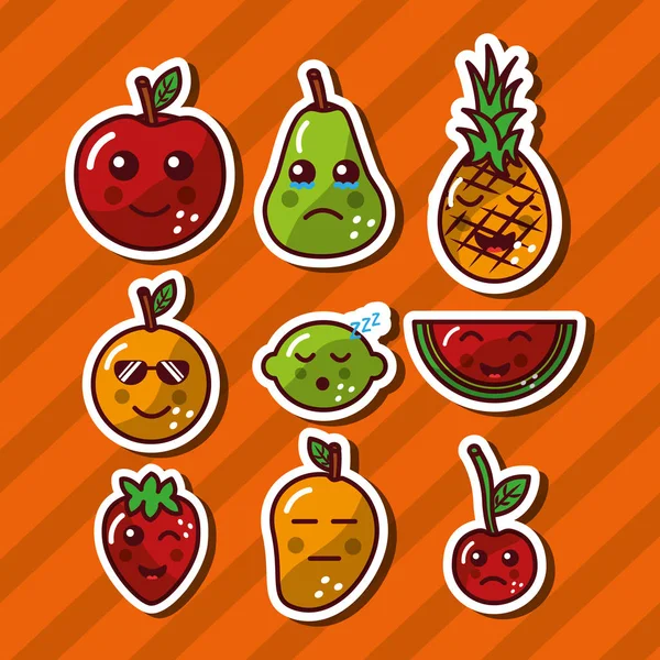 Kawaii sorrindo frutas adorável desenhos animados alimentos — Vetor de Stock