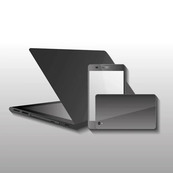 Technológiai szerkentyű vezeték nélküli laptop és mozgatható telefon első és hátsó a kép — Stock Vector