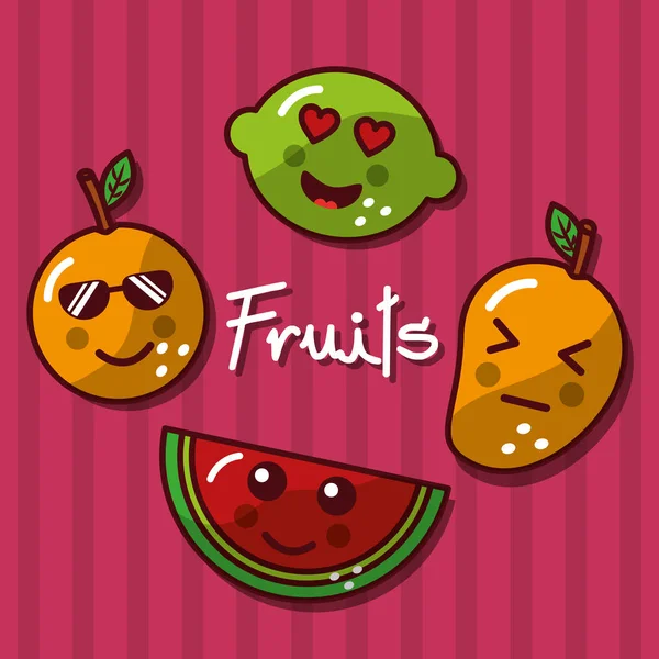 Cute kawaii fruits set smiling healthy food — Stock Vector