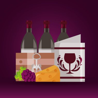 şarap şişeleri ahşap sepet menü peynir üzüm tirbuşon