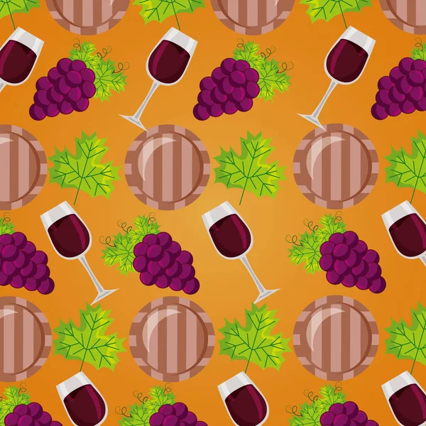 Fondo vino taza barril uvas decoración — Vector de stock