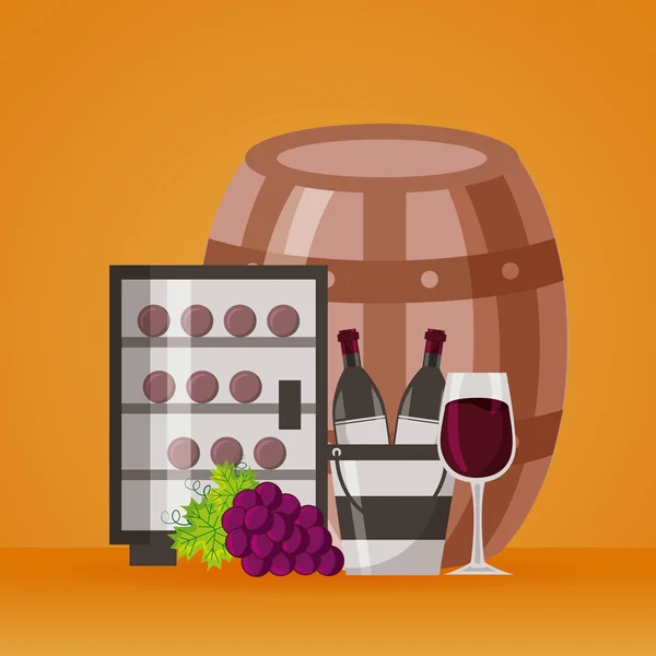 Botellas de vino cubo de hielo nevera taza y uvas — Vector de stock