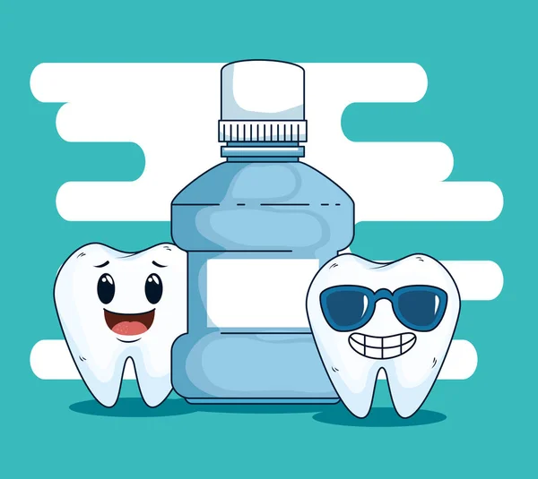 Cuidado dental con equipo de enjuague bucal — Vector de stock