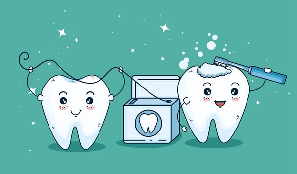 Trattamento di cura dei denti con spazzolino e filo interdentale — Vettoriale Stock