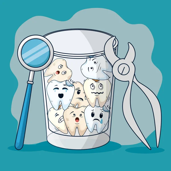 Δόντια σε ποτήρι με στοματικό καθρέφτη και οδοντιατρική απαγωγέας — Διανυσματικό Αρχείο