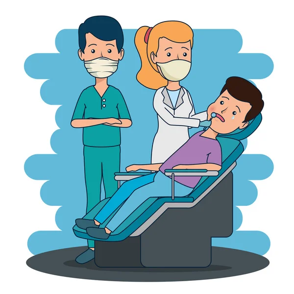 Dentista professionista uomo e donna con paziente — Vettoriale Stock