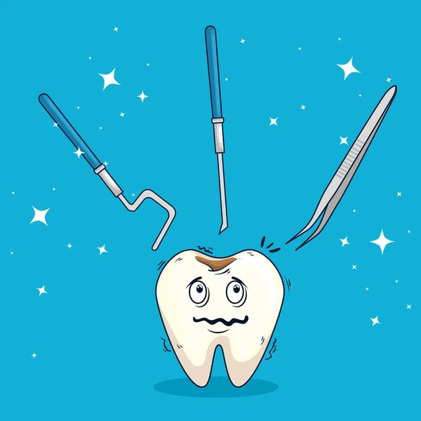 Diente con caries y excavadoras con herramientas de tweexer — Vector de stock