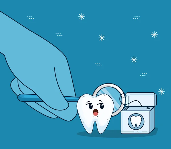 Φροντίδα των δοντιών με οδοντικό νήμα στοματικό καθρέφτη — Διανυσματικό Αρχείο