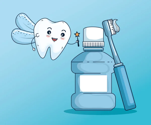 Fada dos dentes com ferramenta de lavagem bucal e escova de dentes — Vetor de Stock