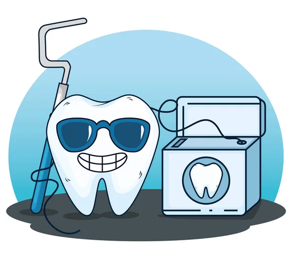 Cuidados dentários com ferramenta escavadora e fio dental — Vetor de Stock