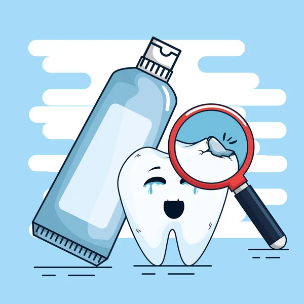 Лікування зубів зубною пастою та збільшувальним склом — стоковий вектор