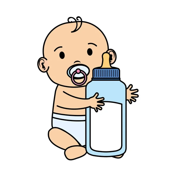 Carino e bambino bambino piccolo con bottiglia di latte — Vettoriale Stock