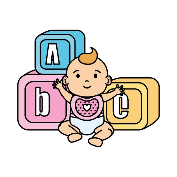 Little baby with alphabet blocks toys icons — Stock Vector