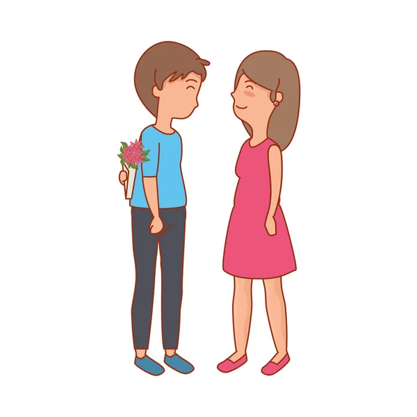 Pareja amantes ocultando ramo de rosas — Vector de stock