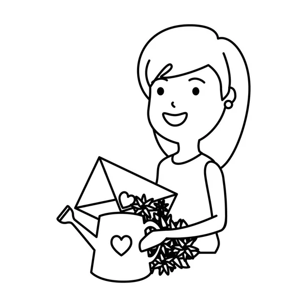 Mujer joven con aspersor y carta de amor — Vector de stock