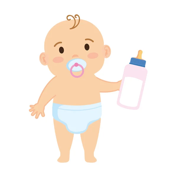 Cute and little boy baby with milk bottle — Stock Vector