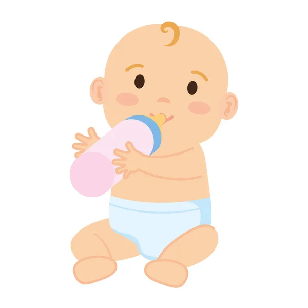 Cute and little boy baby with milk bottle — Stock Vector