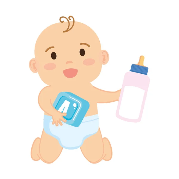 Söt och liten pojke baby med mjölkflaska — Stock vektor