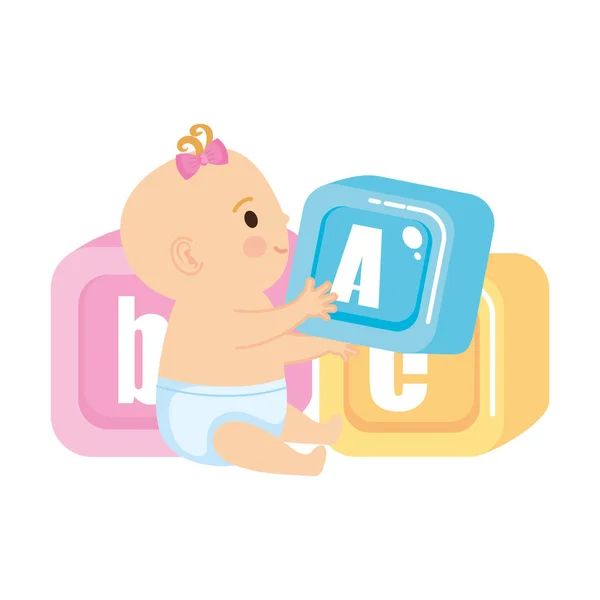 Pequeño bebé con alfabeto bloques juguetes iconos — Vector de stock