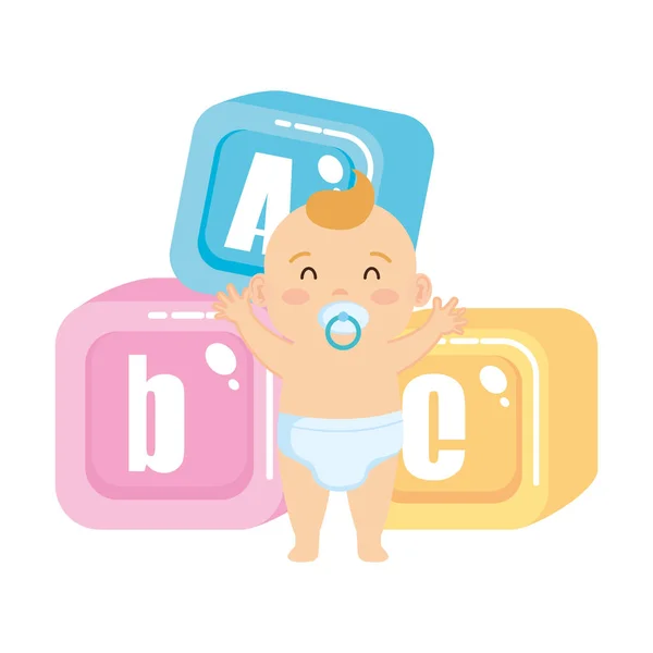 Little baby with alphabet blocks toys icons — Stock Vector