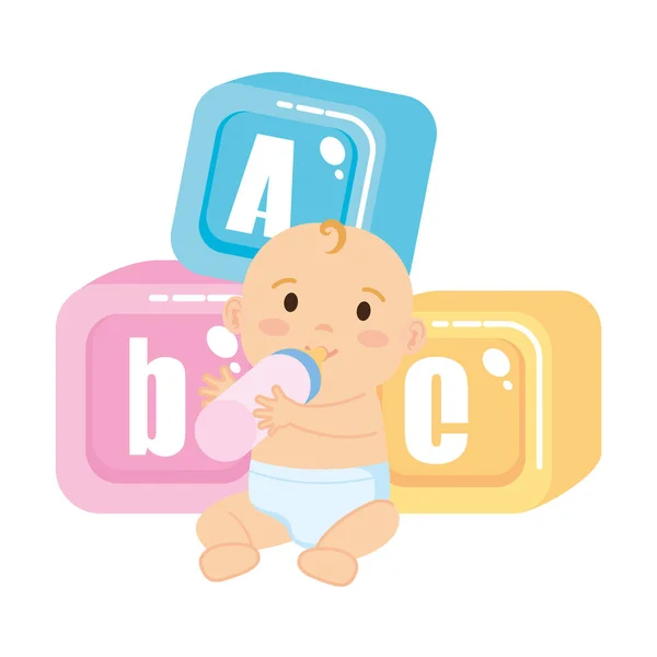 Lilla bebis med alfabetet blockerar leksaker ikoner — Stock vektor