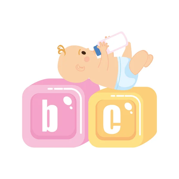 Kleine baby met alfabet blokkeert speelgoed pictogrammen — Stockvector