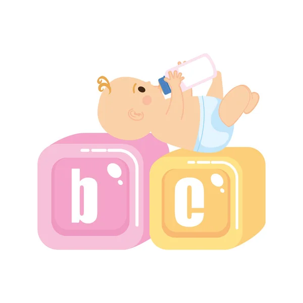 Little baby with alphabet blocks toys icons — Stock Vector