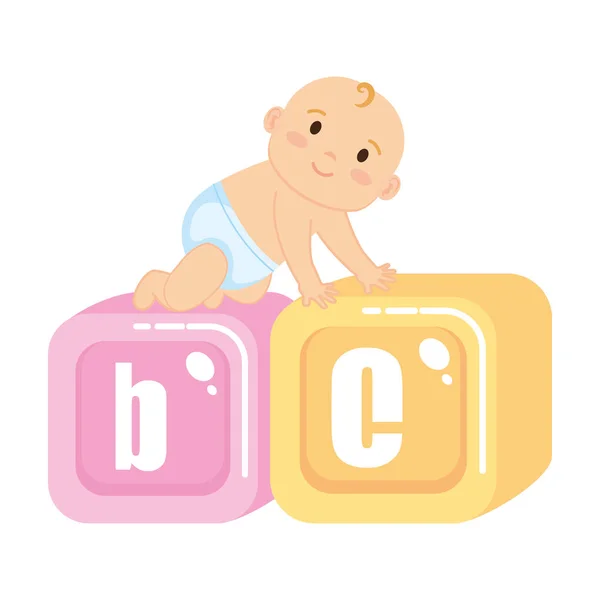 Pequeno bebê com alfabeto bloqueia ícones de brinquedos —  Vetores de Stock