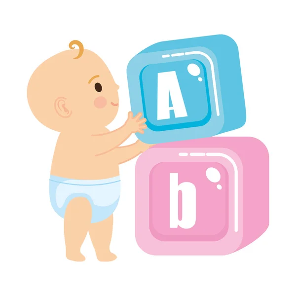 Pequeno bebê com alfabeto bloqueia ícones de brinquedos — Vetor de Stock