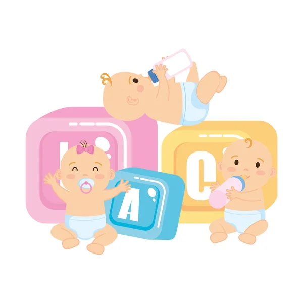 Bebês pequenos com ícones de brinquedos de blocos de alfabeto — Vetor de Stock