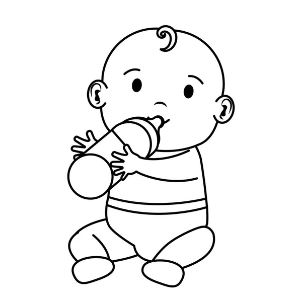 Bonito e menino bebê com mamadeira de leite —  Vetores de Stock