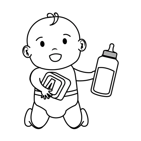 Χαριτωμένο και μικρό αγόρι μωρό με το μπουκάλι γάλα — Διανυσματικό Αρχείο