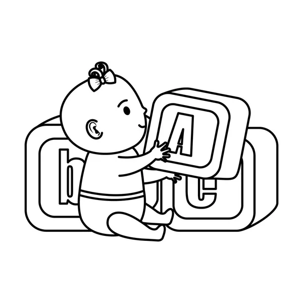 Pequeño bebé con alfabeto bloques juguetes iconos — Archivo Imágenes Vectoriales
