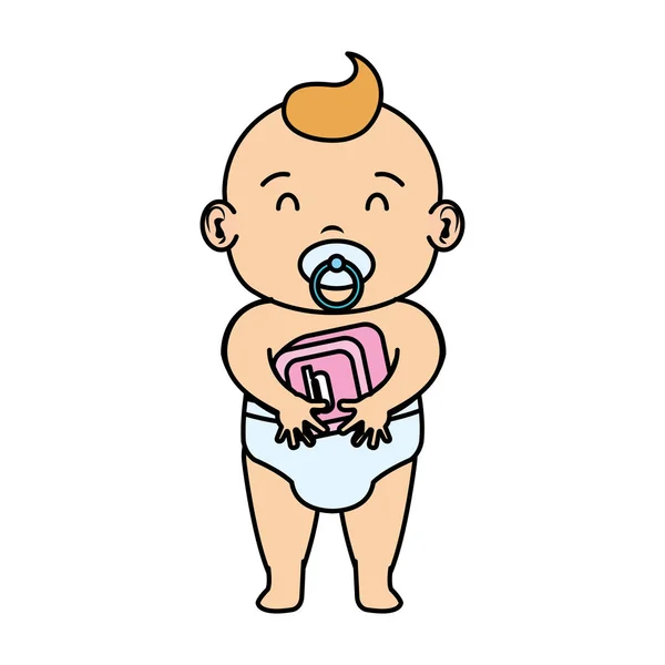 Piccolo bambino con giocattolo blocco alfabeto — Vettoriale Stock
