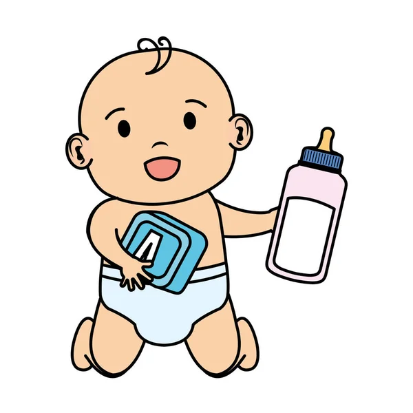 Ładny i mały chłopiec dziecko z butelki mleka — Wektor stockowy