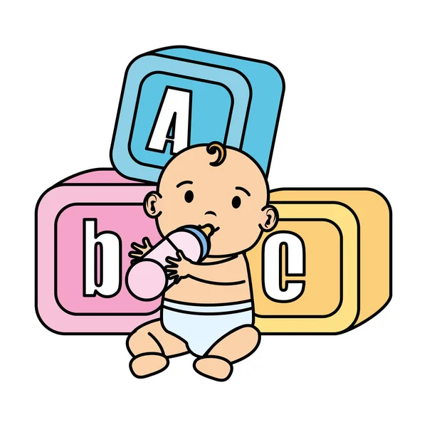 Little baby with alphabet blocks toys icons — Stock Vector