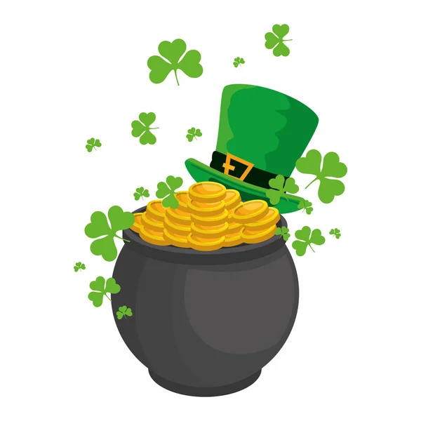 Chaudron avec des pièces et leprechaun chapeau st patricks jour — Image vectorielle