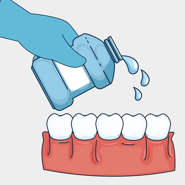 De gezondheidszorg hygiëne tanden met mondwater apparatuur — Stockvector