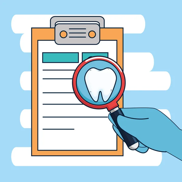 Diagnostic de dentisterie avec traitement médicinal et loupe — Image vectorielle