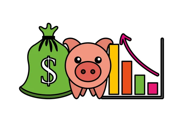 Piggy banco saco de dinheiro e gráfico de negócios — Vetor de Stock