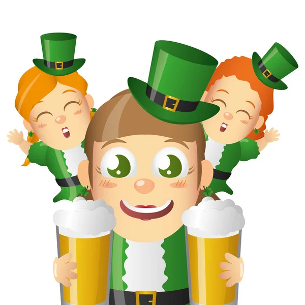 Leprechaun Girls Beers Happy Patricks Day Vector Illustration — Stock Vector