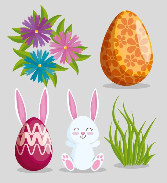 Ensemble lapin de Pâques avec décoration d'oeufs et fleurs — Image vectorielle