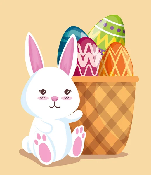 Счастливый кролик с украшением яйца в корзине — стоковый вектор