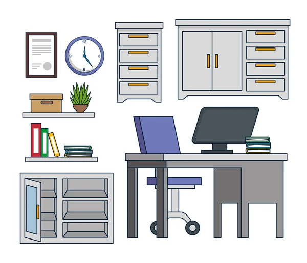 Gabinete Oficina Sset Con Computadora Libros Ilustración Vectores Escritorio — Archivo Imágenes Vectoriales