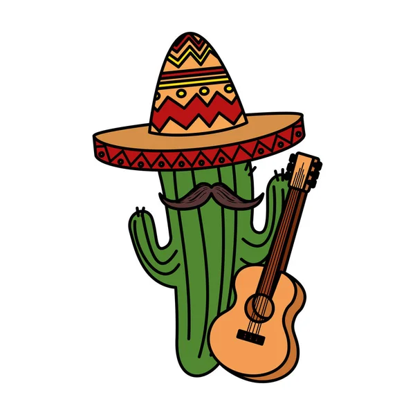 Cactus mexicano con sombrero maricachi y guitarra — Vector de stock