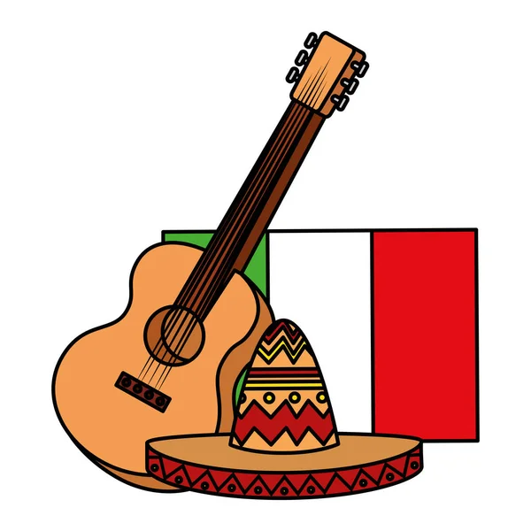 Mexikanischer Mariachi-Hut mit Gitarre und Fahne — Stockvektor