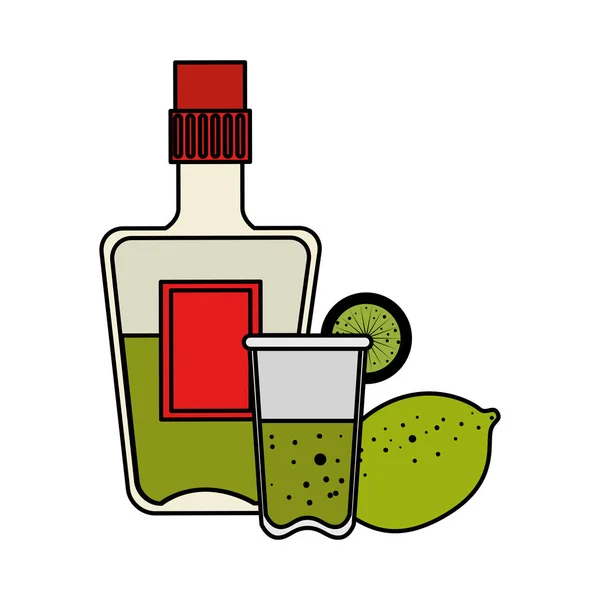 Bouteille de tequila avec tasse et citron — Image vectorielle