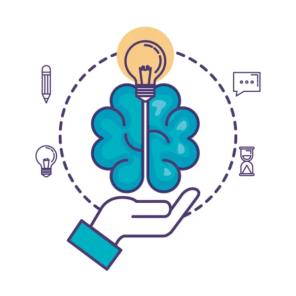Hand lifting bulb light and brain with business icons — Stock Vector