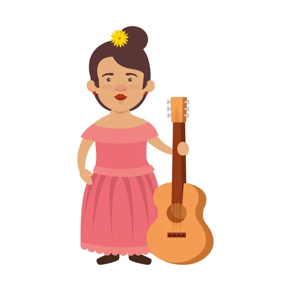 Hagyományos mexikói nő virág haj és gitár — Stock Vector