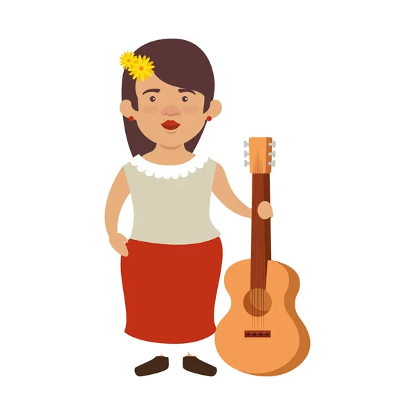 Hagyományos mexikói nő virág haj és gitár — Stock Vector